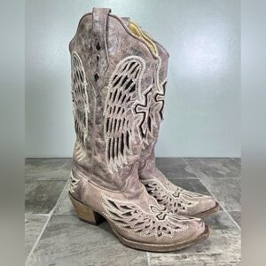 Y2K CORRAL WING & CROSS DISTRESSED WESTERN SEQUIN BOOTS.